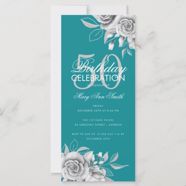 Födelsedagsfesten Blommigt Silver Teal (Framsida)