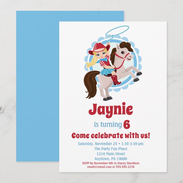 Födelsedagsfesten Blonde Cowgirl Horse Rodeo Inbjudningar (Fram/baksida)