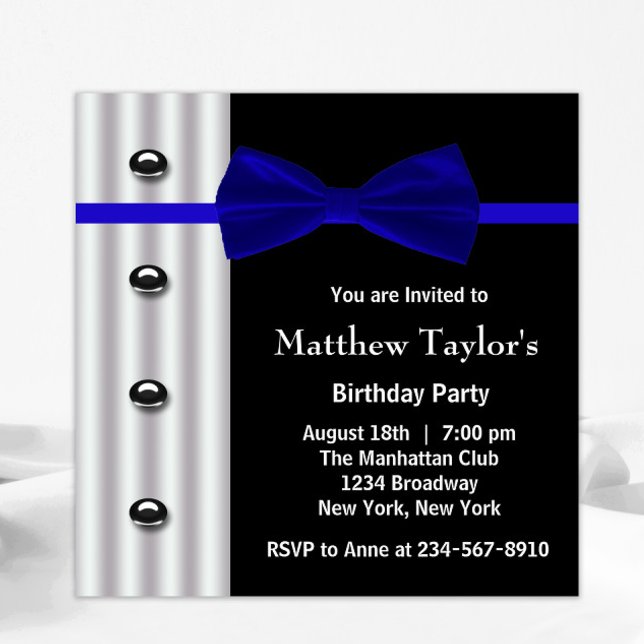 Födelsedagsfesten Blue Black Tuxedo Bow Tie Manar Inbjudningar (Black white tuxedo blue bowtie any occasion and birthday party invitation. All text can be changed.)