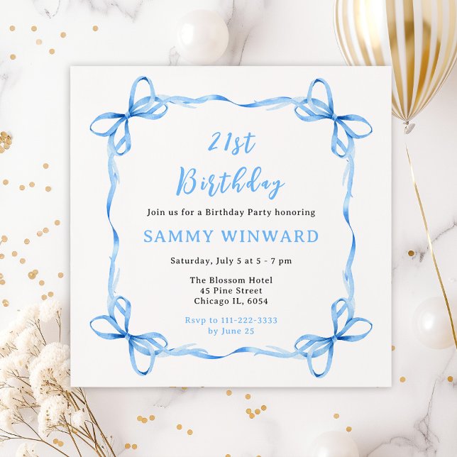 Födelsedagsfesten Blue Coquette Ribbon Inbjudningar (Skapare uppladdad)