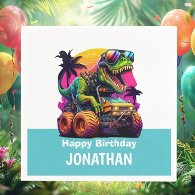 Födelsedagsfesten BLUE Dino-Mite MONSTER LASTBIL Pappersservett (Get ready to rev up the fun with BLUE Dino-Mite MONSTER TRUCK birthday party napkins! )