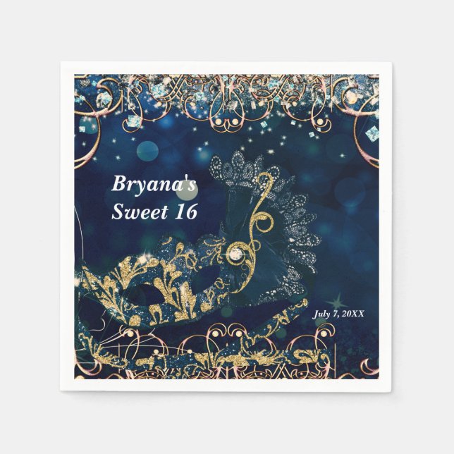 Födelsedagsfesten Blue & Guld Costume Masqueramask Pappersservett (Framsidan)