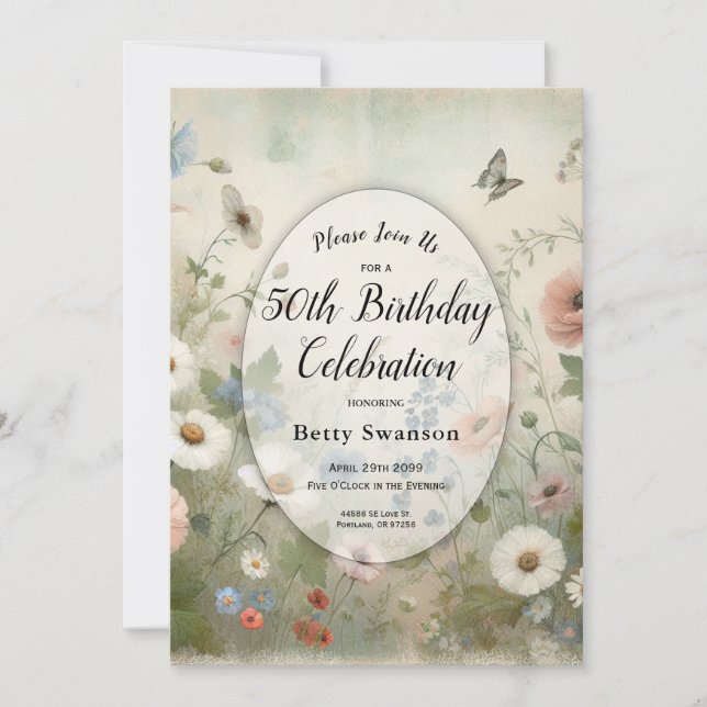 Födelsedagsfesten Boho Blooms och Vintage Blommars Inbjudningar (Framsida)