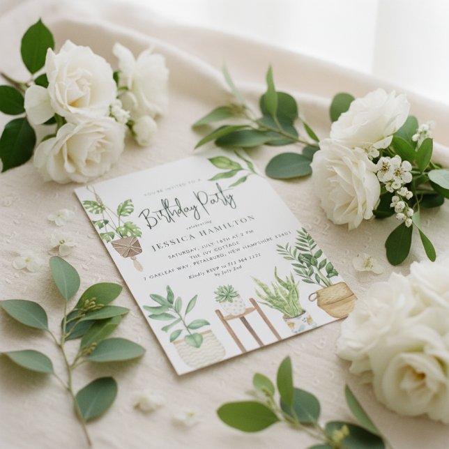 Födelsedagsfesten Boho Watercolor Poged Plants Inbjudningar (Skapare uppladdad)