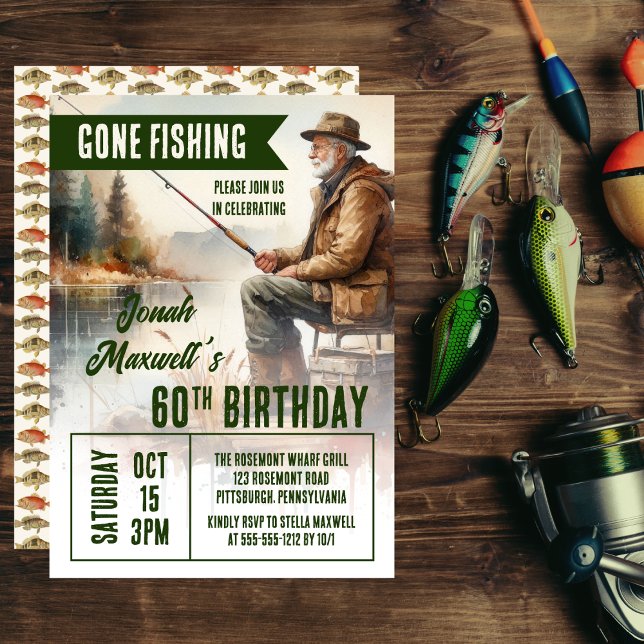 Födelsedagsfesten borta Fisherman Scene Inbjudningar ("Gone Fishing" Fisherman Scene Birthday Party Invitation)