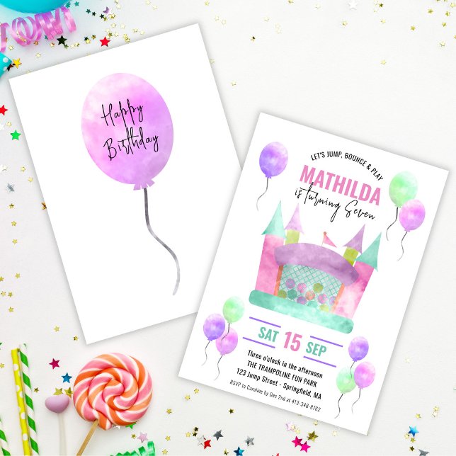 Födelsedagsfesten Bounhus Jump Trampoline Girl Inbjudningar (Bounce House Jump Trampoline Girl Birthday Party Invitation)