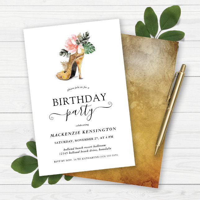 Födelsedagsfesten Budgetera Elegant Guld Blommigt  (Budget Elegant Gold Floral Heels Birthday Party Invitation)