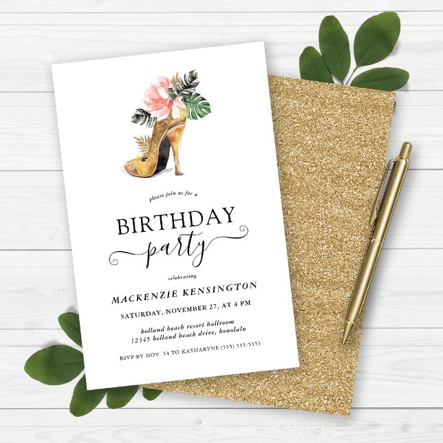 Födelsedagsfesten Budgetera Guld Glitter Blommigt  (Budget Gold Glitter Floral High Heels Birthday Party Invitation)