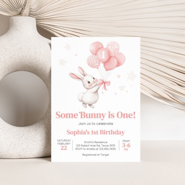 Födelsedagsfesten Bunny Balloon Inbjudningar (Some Bunny Pink Bow Balloon Birthday Party Invitation)