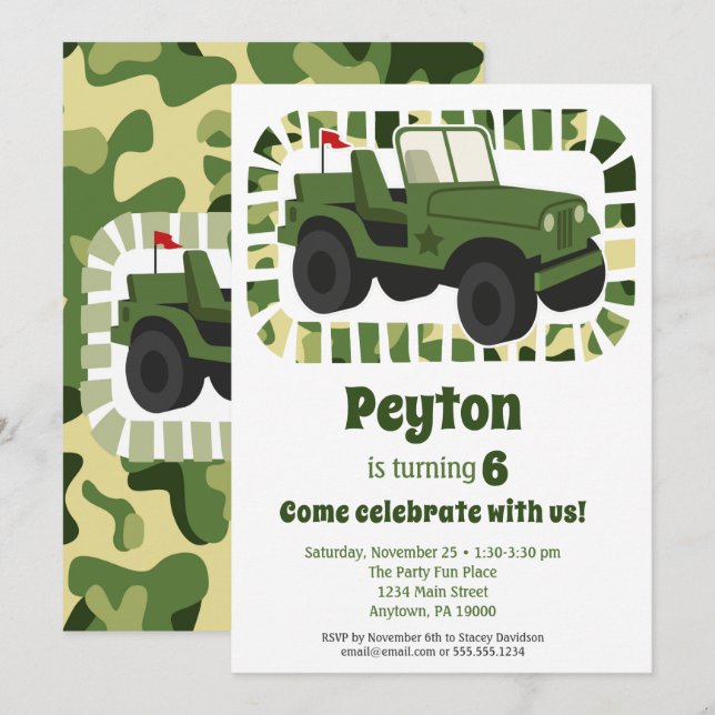 Födelsedagsfesten Camo Army Military Boys Inbjudningar (Fram/baksida)