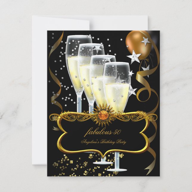 Födelsedagsfesten Champagne Black Guld Balloons Inbjudningar (Framsida)
