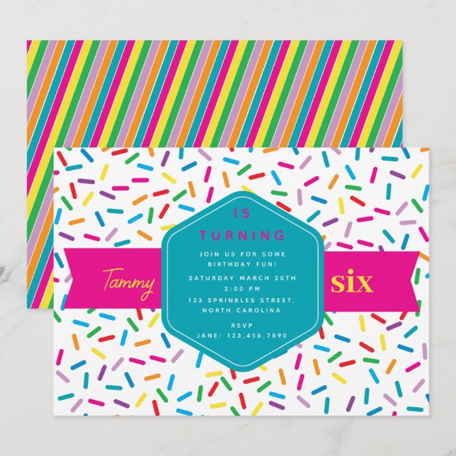 Födelsedagsfesten Colorful Rainbow Sprinkles Inbjudningar (Fram/baksida)