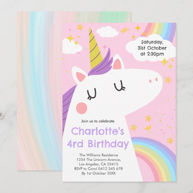 Födelsedagsfesten Colorful Unicorn and Rainbows Inbjudningar (Fram/baksida)
