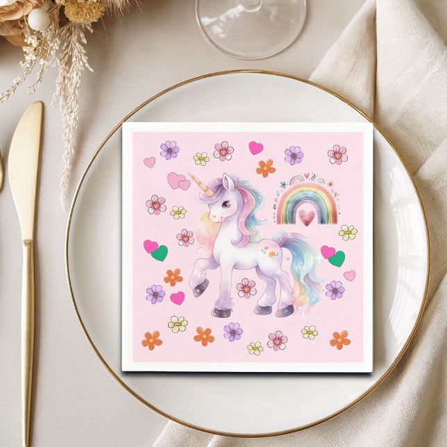 Födelsedagsfesten Colorful Unicorn Rainbow Flowers Pappersservett (Skapare uppladdad)