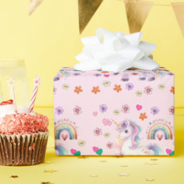 Födelsedagsfesten Colorful Unicorn Rainbow Flowers Presentpapper