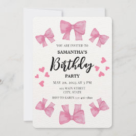 Födelsedagsfesten Coquette Rosa Bows and Hearts Inbjudningar