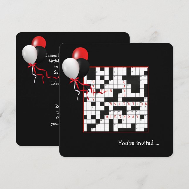 Födelsedagsfesten Crossword Puzzle and Balloons Inbjudningar (Fram/baksida)