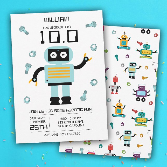 Födelsedagsfesten Cute Blue Robot Theme Kids Robot Inbjudningar (Cute Blue Robot Theme Kids Robots Birthday Party Invitation)