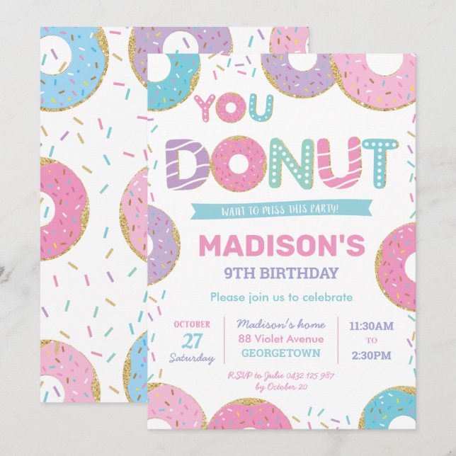 Födelsedagsfesten Cute Donuts och Sprinkles Inbjudningar (Fram/baksida)