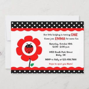 Födelsedagsfesten Cute Flower och Ladybird polka d Inbjudningar