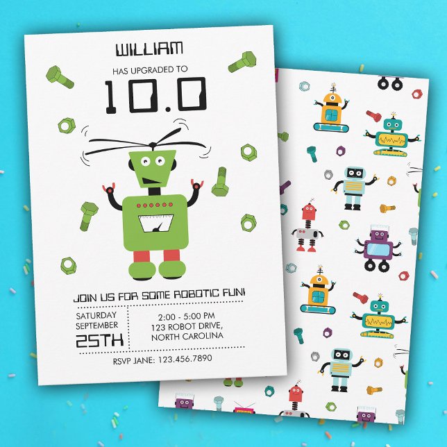 Födelsedagsfesten Cute Grönt Robot Theme Kids Robo Inbjudningar (Cute Green Robot Theme Kids Robots Birthday Party Invitation)
