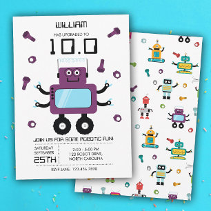 Födelsedagsfesten Cute Lila Robot Theme Kids Robot Inbjudningar