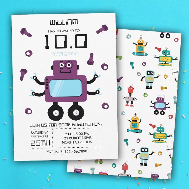Födelsedagsfesten Cute Lila Robot Theme Kids Robot Inbjudningar (Cute Purple Robot Theme Kids Robots Birthday Party Invitation)
