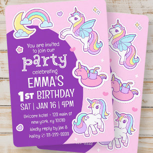 Födelsedagsfesten Cute Modern Rainbow Unicorns Bar Inbjudningar