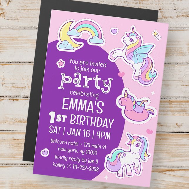Födelsedagsfesten Cute Modern Rainbow Unicorns Bar Magnetisk Inbjudningskort (Skapare uppladdad)