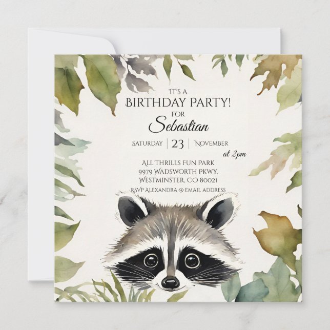 Födelsedagsfesten Cute Raccoon Woodland Inbjudningar (Framsida)