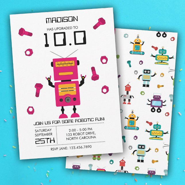 Födelsedagsfesten Cute Rosa Robot Theme Kids Robot Inbjudningar (Cute Pink Robot Theme Kids Robots Birthday Party Invitation)