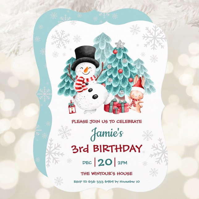 Födelsedagsfesten Cute Snögubbe och Bunny jul Inbjudningar (Cute Snowman and Bunny Christmas Birthday Party Invitation)