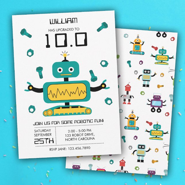 Födelsedagsfesten Cute Teal Robot Theme Kids Robot Inbjudningar (Cute Teal Robot Theme Kids Robots Birthday Party Invitation)