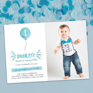 Födelsedagsfesten Cute Watercolor Blue Balloon Pho Inbjudningar