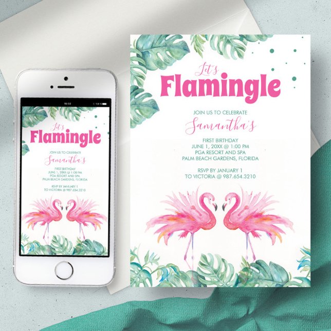 Födelsedagsfesten Cute Watercolor Flamingo Inbjudningar (First birthday tropical pink flamingo palm leaves watercolor art by Victoria Grigaliunas)