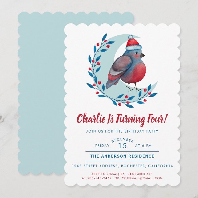 Födelsedagsfesten Cute Watercolor jul Bird Kid Inbjudningar (Fram/baksida)