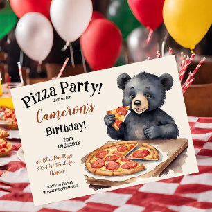Födelsedagsfesten Cute Woodland Bear Pizza Inbjudningar