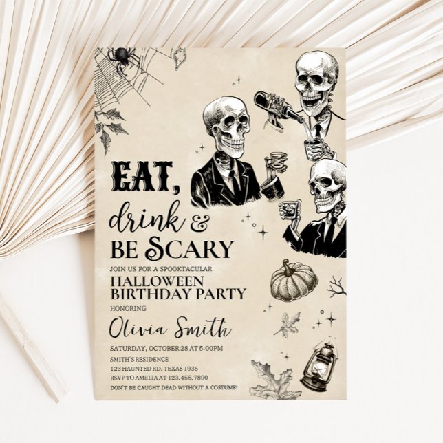 Födelsedagsfesten Eat Drink and Scary Skull Hallow Inbjudningar (Eat Drink and Scary Gothic Skull Halloween Party Invitation)