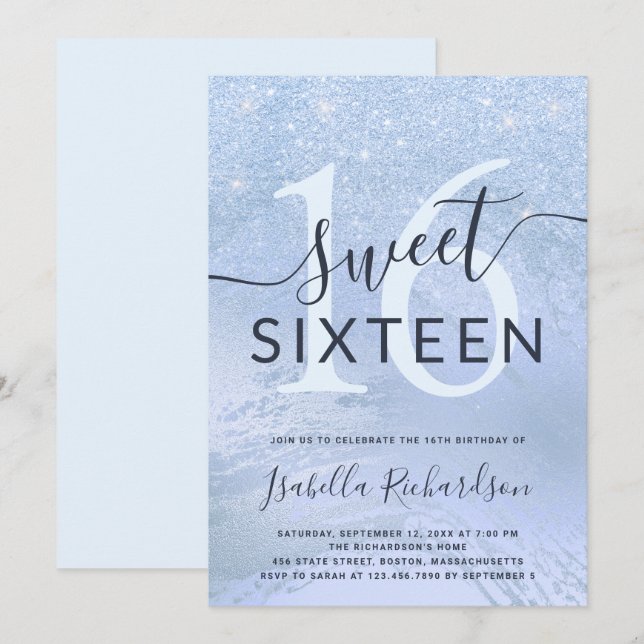 födelsedagsfesten elegant blå glitter sweet sixtee inbjudningar (Fram/baksida)