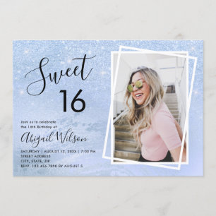 födelsedagsfesten Elegant blue glitter sweet sixte Inbjudningar