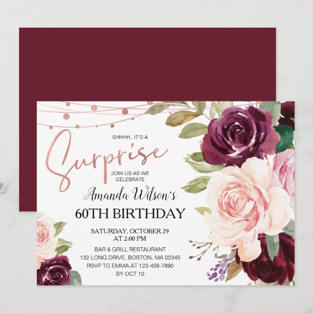 Födelsedagsfesten elegant Burgundy Script Surprise Inbjudningar (Fram/baksida)