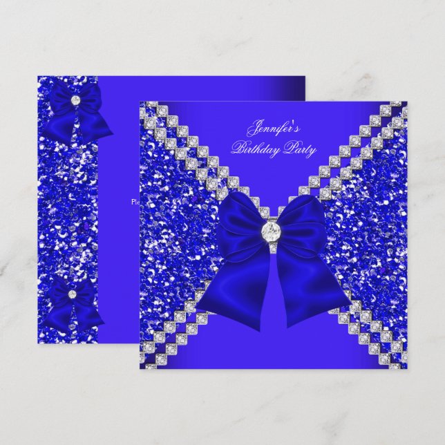 Födelsedagsfesten elegant Glitter Royal Blue Diamo Inbjudningar (Fram/baksida)