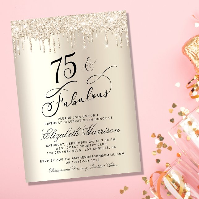 Födelsedagsfesten elegant vid Glitter vid 75:e Inbjudningar (Celebrate her 75 years of sparkle with an elegant gold glitter birthday party invitation  🎉 🎂 🥂)