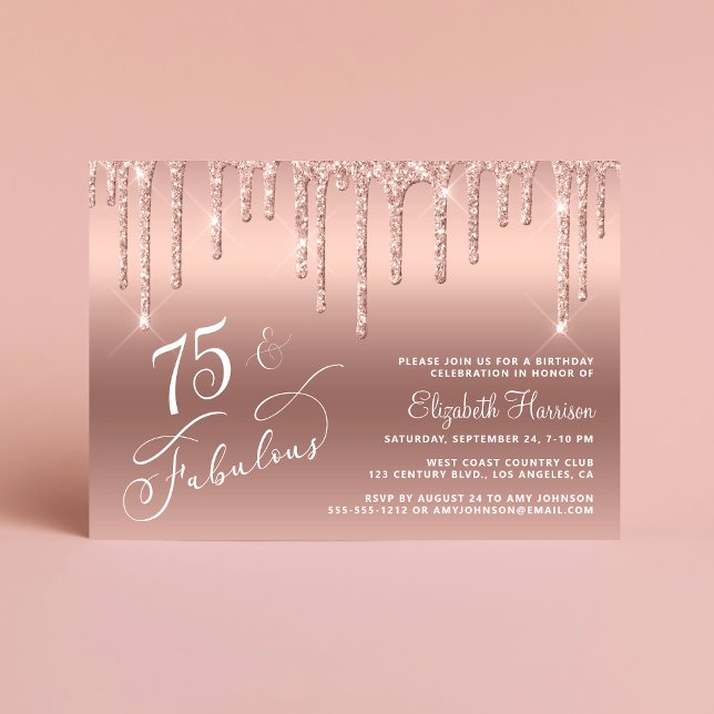 Födelsedagsfesten elegant vid Guld vid 75:e vid Gl Inbjudningar (Celebrate her 75 years of sparkle with an elegant rose gold glitter birthday party invitation  🎉 🎂)