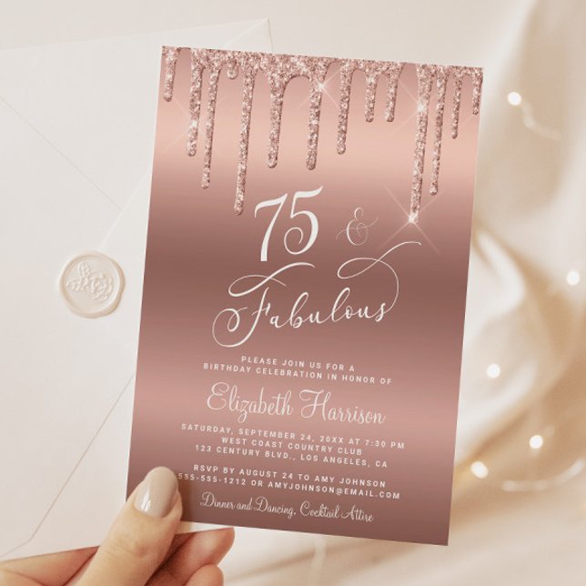 Födelsedagsfesten elegant vid Ro vid 75:e vid Guld Inbjudningar (Celebrate her 75 years of sparkle with an elegant rose gold glitter birthday party invitation)