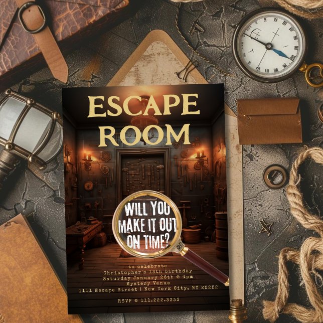 Födelsedagsfesten Escape Rumsspel Inbjudningar (Escape Room Games Birthday Party Invitation)