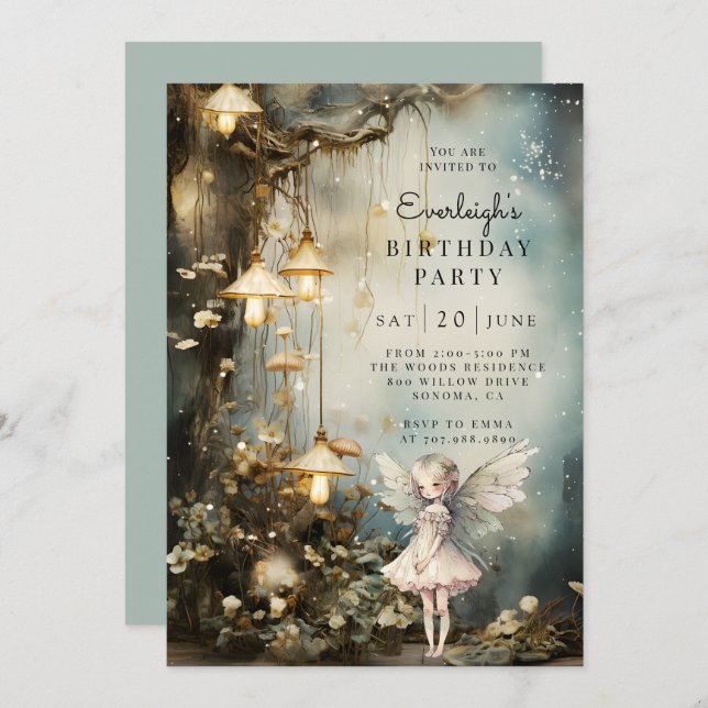 Födelsedagsfesten Fairy Girl Inbjudningar (Fram/baksida)