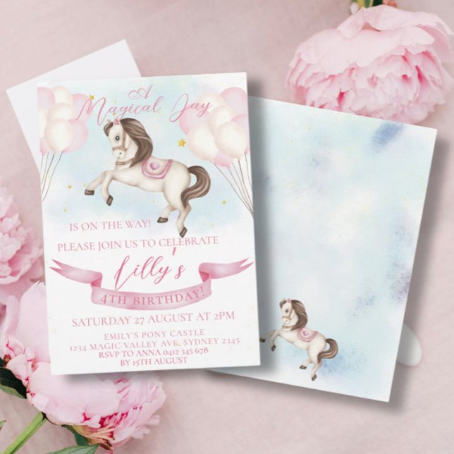 Födelsedagsfesten Fairytale Pony Stars Rosa Balloo Inbjudningar (Skapare uppladdad)