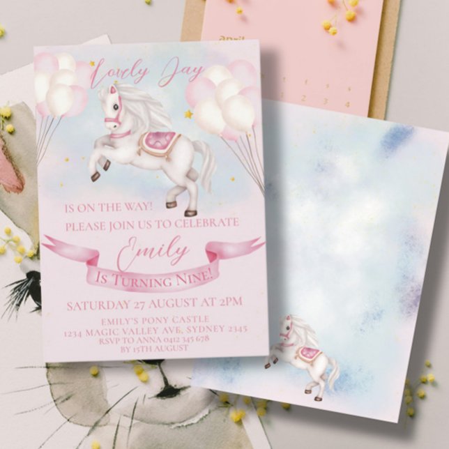 Födelsedagsfesten Fairytale Pony Stars Rosa Balloo Inbjudningar (Skapare uppladdad)