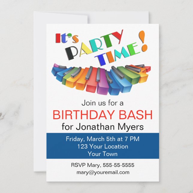 Födelsedagsfesten Färgfull Tangentbord Inbjudningar (Framsida)